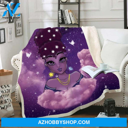 Melanin Natural Afro Princess Purple Lovely Moon Star Afro Girl Fleece Blanket