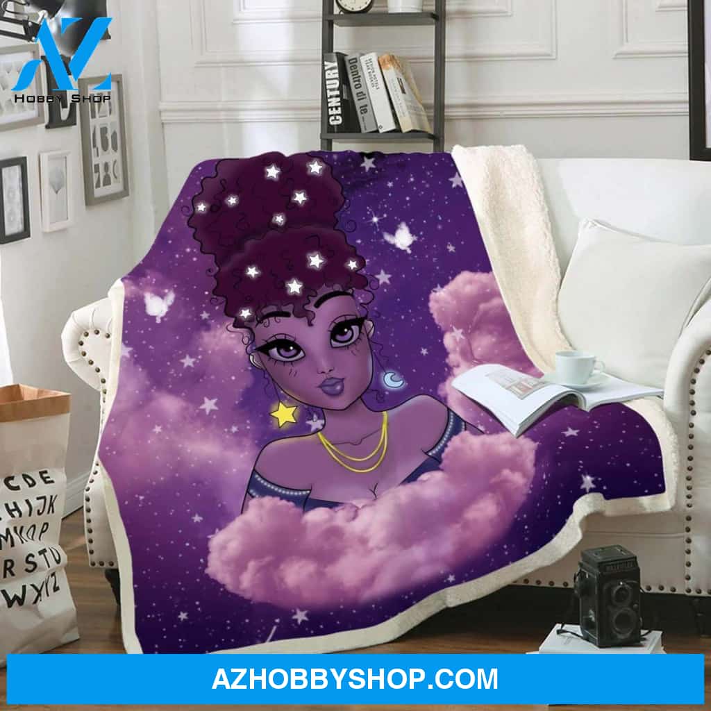 Melanin Natural Afro Princess Purple Lovely Moon Star Afro Girl Fleece Blanket