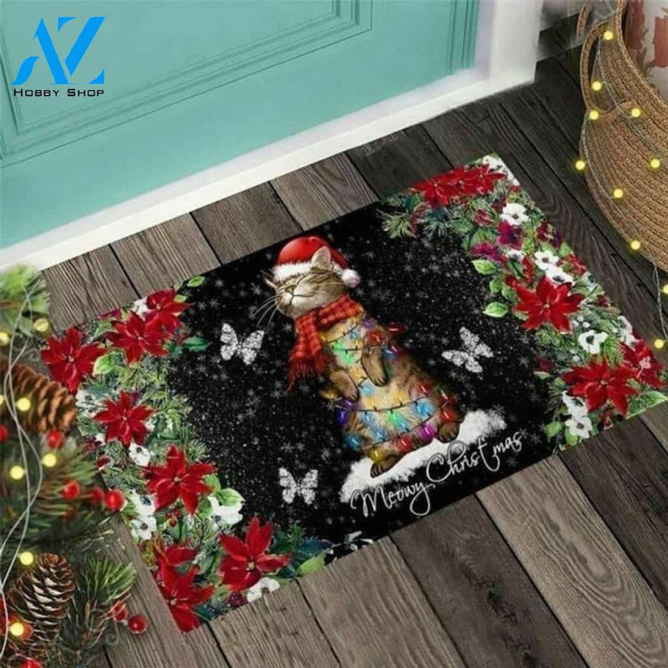 Meow Christmas Cat Tree Santa Butterfly Holly Snowflake Indoor and Outdoor Doormat Warm House Gift Welcome Mat Gift for Friend Family