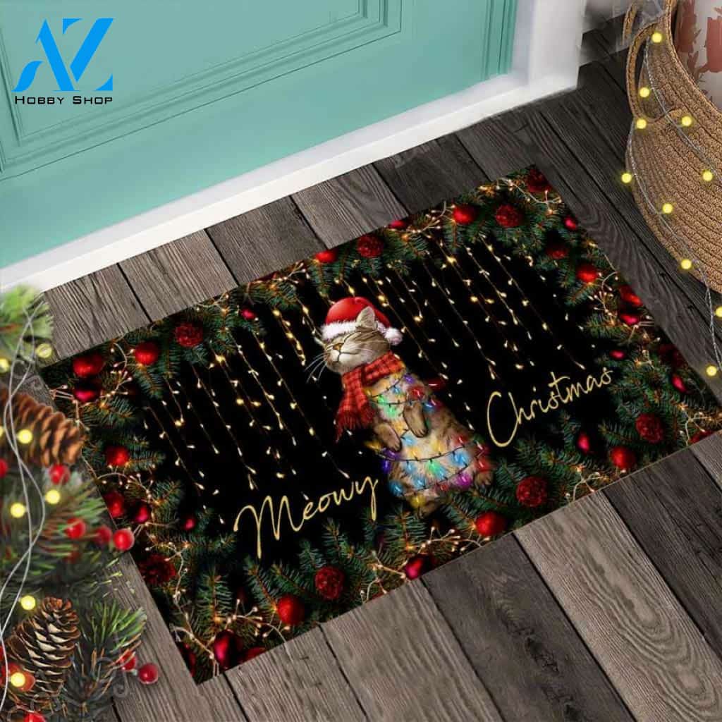 Meowy Christmas – Cat Easy Clean Welcome DoorMat | Felt And Rubber | 40x60 cm | 45x75 cm | 60x90 cm | Colorful | DO1178