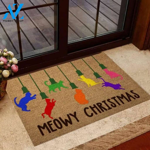 Meowy Christmas Cat Coir Pattern Print Doormat | Welcome Mat | House Warming Gift