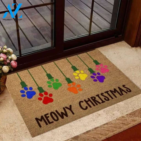 Meowy Christmas Cat Coir Pattern Print Doormat | Welcome Mat | House Warming Gift