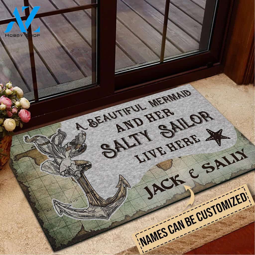 Mermaid A Beautiful Mermaid And Her Sailor Live Here Custom Doormat | Welcome Mat | House Warming Gift