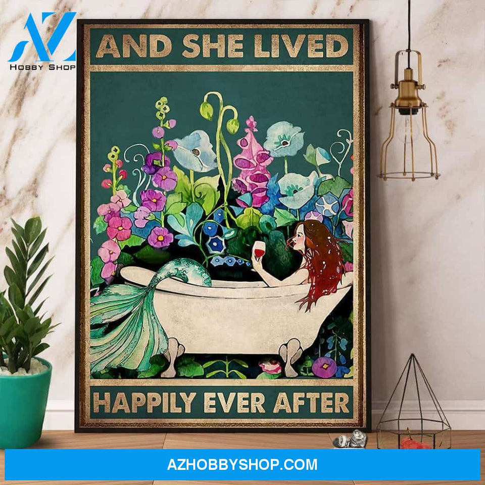 Mermaid Wine And She Lived Happily Ever After Canvas And Poster, Wall Decor Visual Art