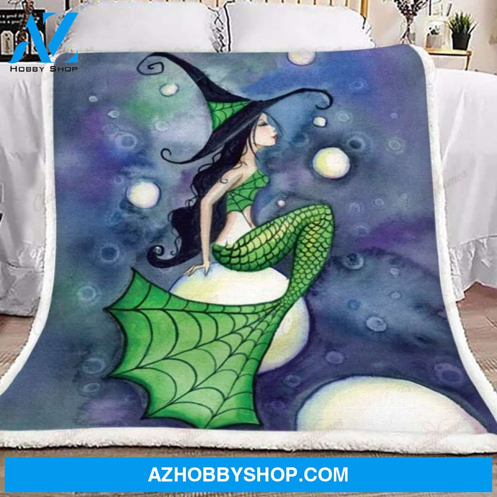 Mermaid Witch Fleece Blankets, Halloween Blanket, Halloween Throw Blanket, Halloween Fleece Blanket