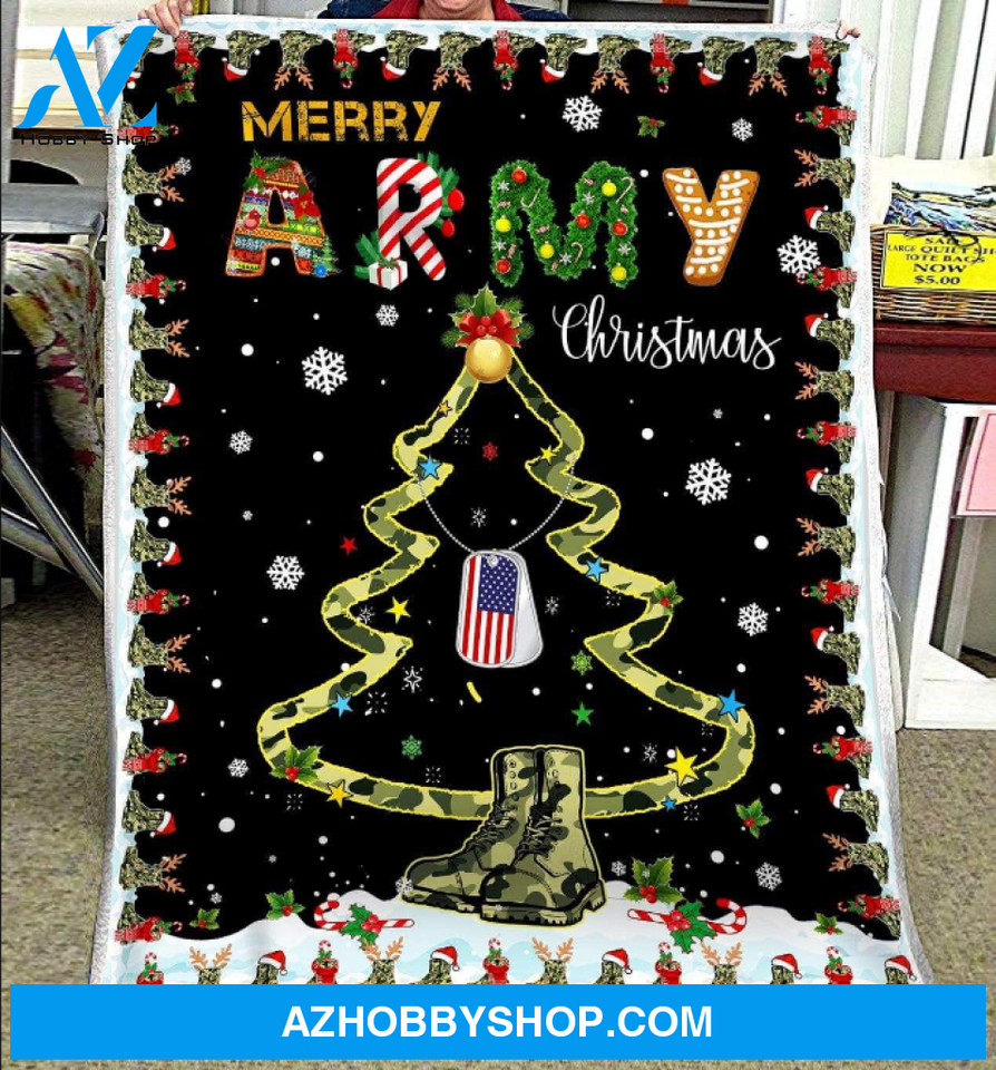 Merry Army Christmas Boots Christmas Tree American Flag Fleece Blanket Gift For Friend Family Home Decor Bedding Couch Sofa Soft and Comfy Cozy
