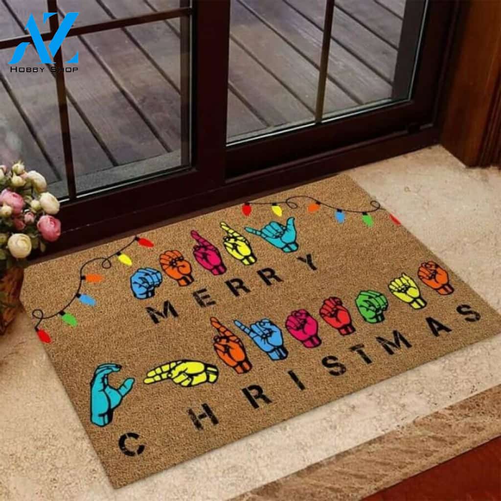 Merry Christmas American Sign Language Coir Pattern Print Doormat | Welcome Mat | House Warming Gift