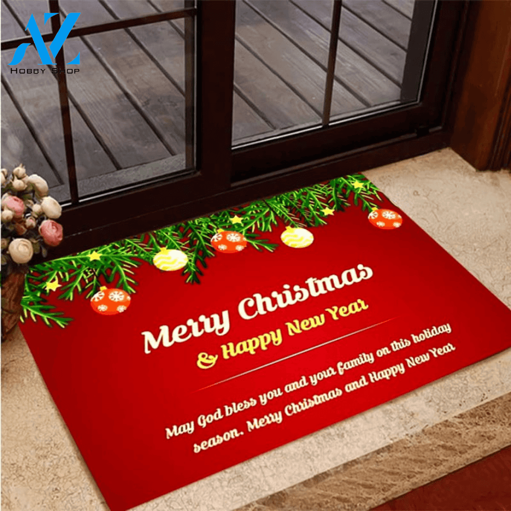 Merry Christmas And Happy New Year Red Indoor And Outdoor Doormat Entrance Rug Sweet Home Decor Housewarming Insect Lovers Gift Idea