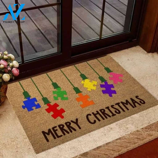 Merry Christmas Autism Awareness Coir Pattern Print Doormat | Welcome Mat | House Warming Gift