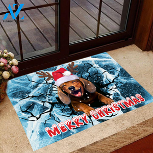 Merry Christmas Dachshund Easy Clean Welcome DoorMat | Felt And Rubber | DO3203