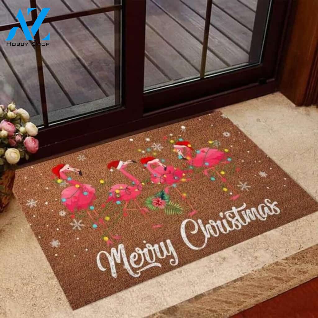 Merry Christmas Flamingo Coir Pattern Print Doormat | Welcome Mat | House Warming Gift