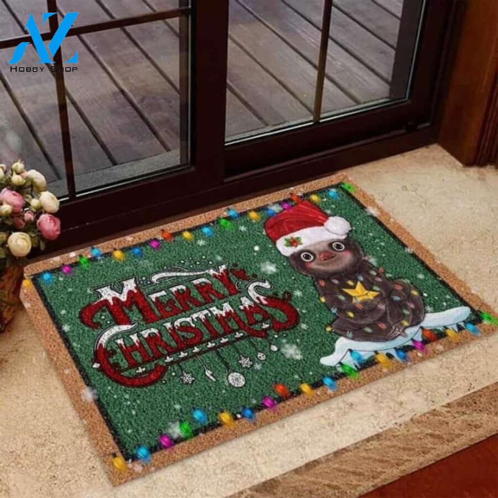 Merry Christmas Funny Sloth Coir Pattern Print Doormat | Welcome Mat | House Warming Gift
