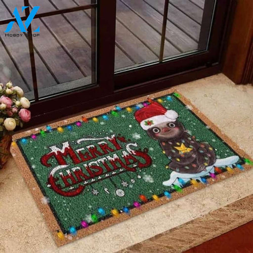 Merry Christmas Funny Sloth Coir Pattern Print Doormat | Welcome Mat | House Warming Gift
