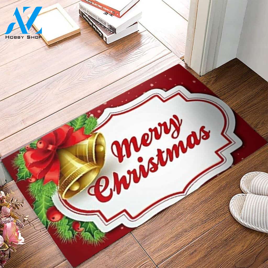 Merry Christmas Golden Bells Red Background Indoor And Outdoor Mat Entrance Rug Sweet Home Decor Housewarming, Gift For Friend Family