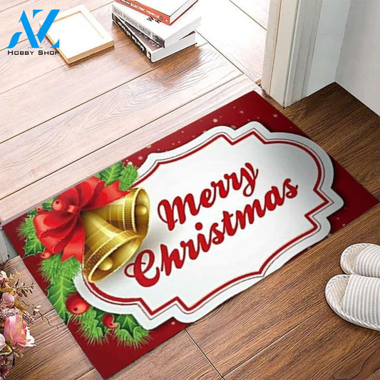 Merry Christmas Golden Bells Red Background Indoor And Outdoor Mat Entrance Rug Sweet Home Decor Housewarming, Gift For Friend Family