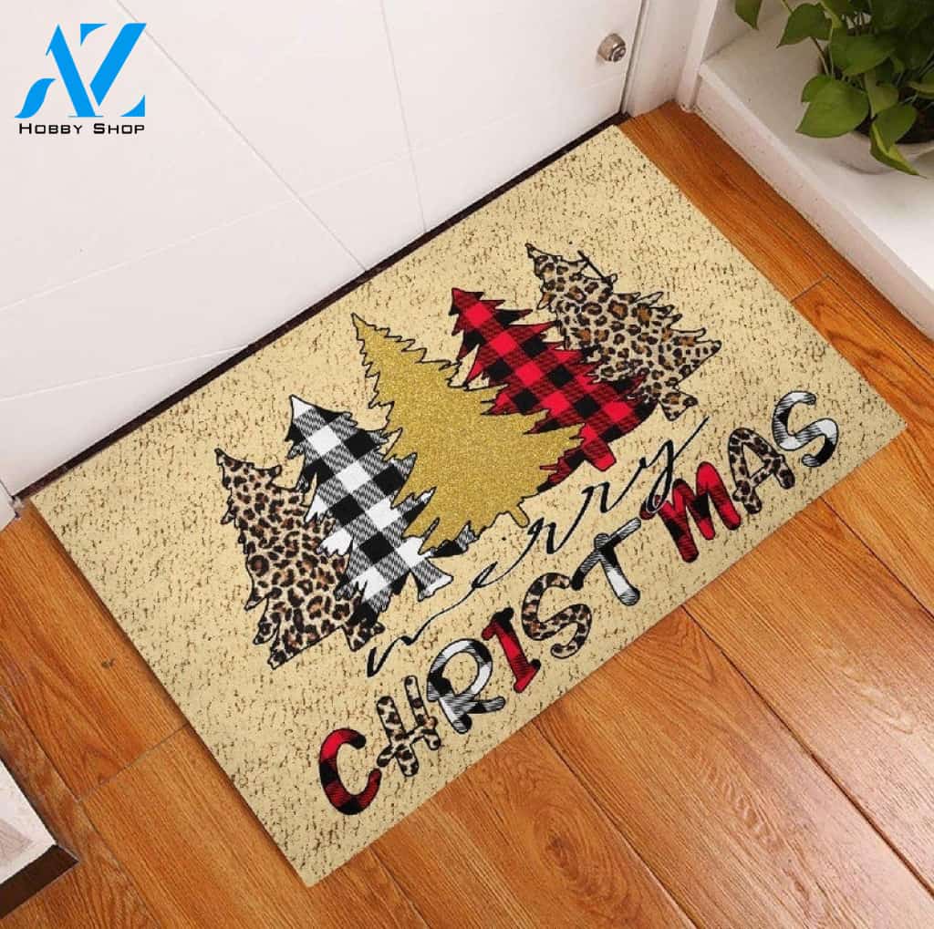 Merry Christmas Leopard And Buffalo Plaid Christmas Tree Doormat Gift For Friend Family Birthday Gift Home Decor Warm House Gift Welcome Mat