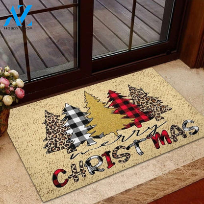 Merry Christmas Leopard And Buffalo Plaid Christmas Tree Doormat Gift For Friend Family Birthday Gift Home Decor Warm House Gift Welcome Mat