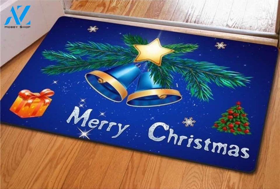 Merry Christmas, Pine Tree, Presents, Bell Blue Background Doormat Welcome Mat Housewarming Home Decor Funny Doormat Gift For Friend