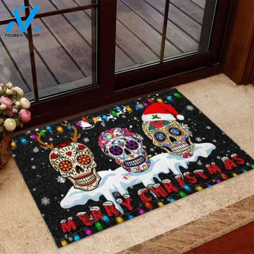 Merry Christmas Sugar Skull Coir Pattern Print Doormat | Welcome Mat | House Warming Gift