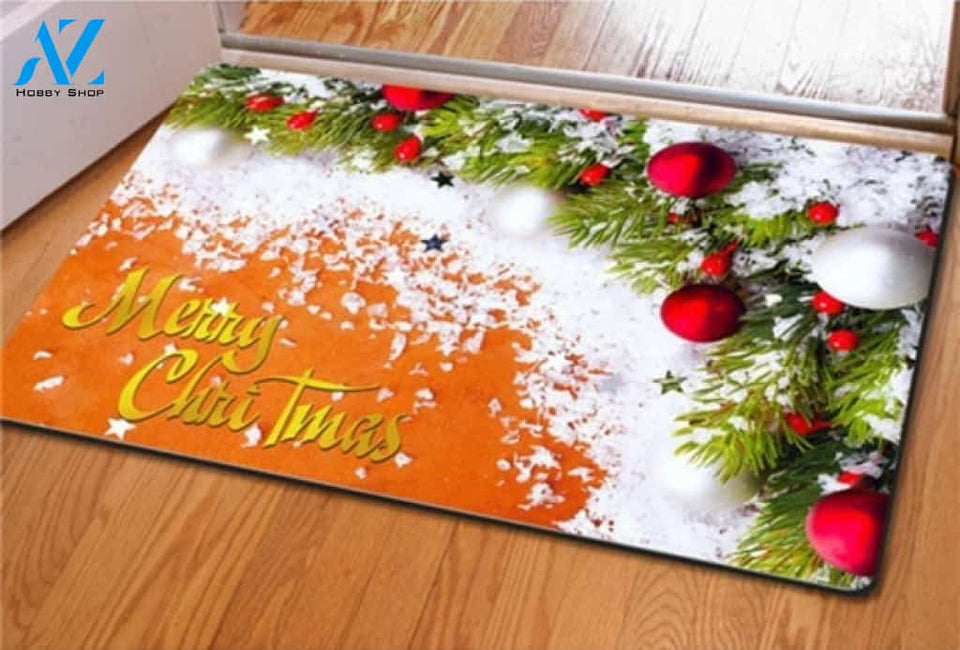 Merry Christmas With Bauble Orange Background Doormat Welcome Mat Housewarming Home Decor Funny Doormat Gift For Friend