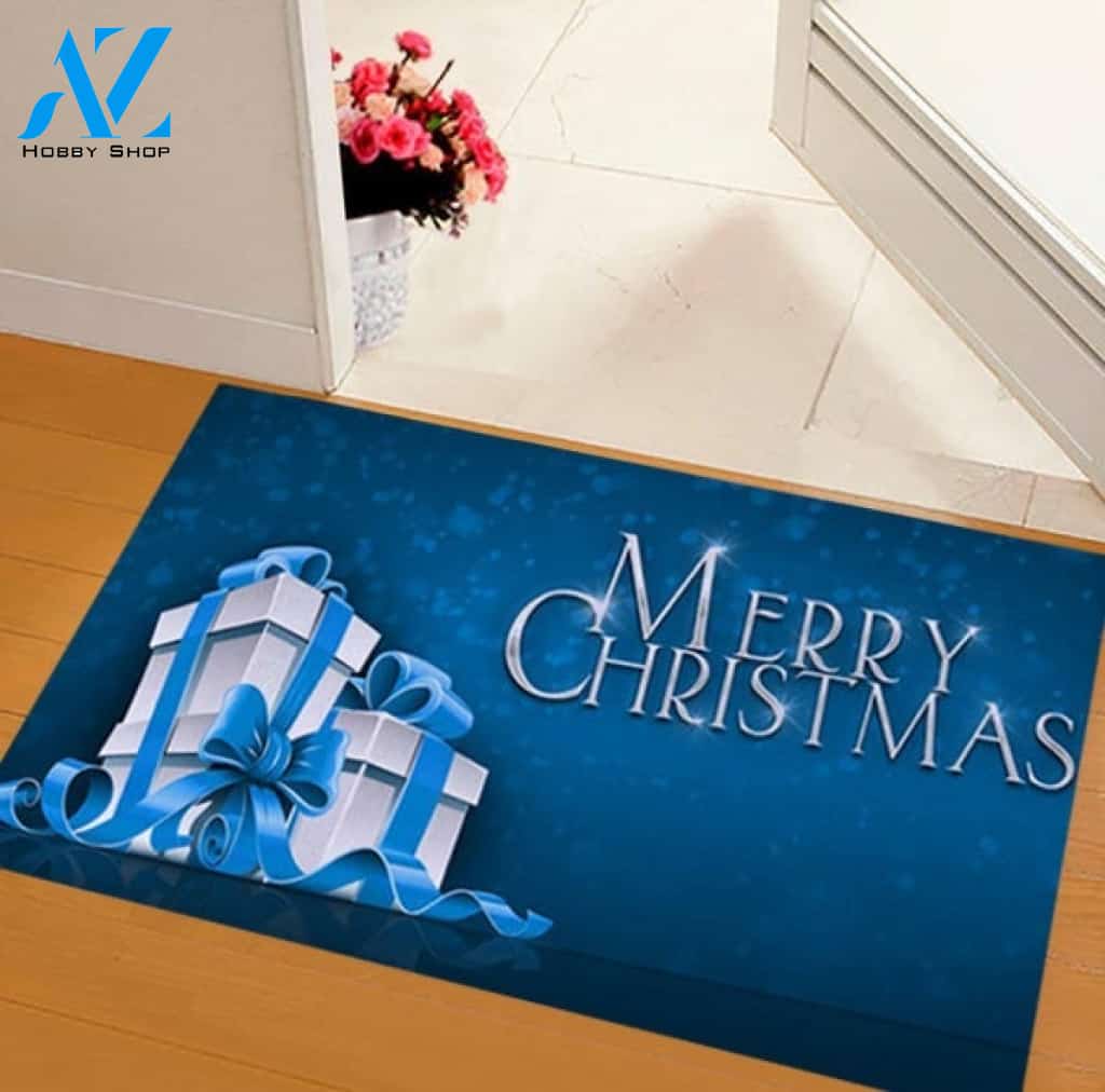 Merry Christmas With Presents Blue Background Decorative Doormat Welcome Mat Housewarming Home Decor Funny Doormat Gift Idea