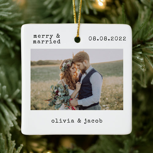 Merry & Married First Christmas Wedding Photo Ceramic Ornament
