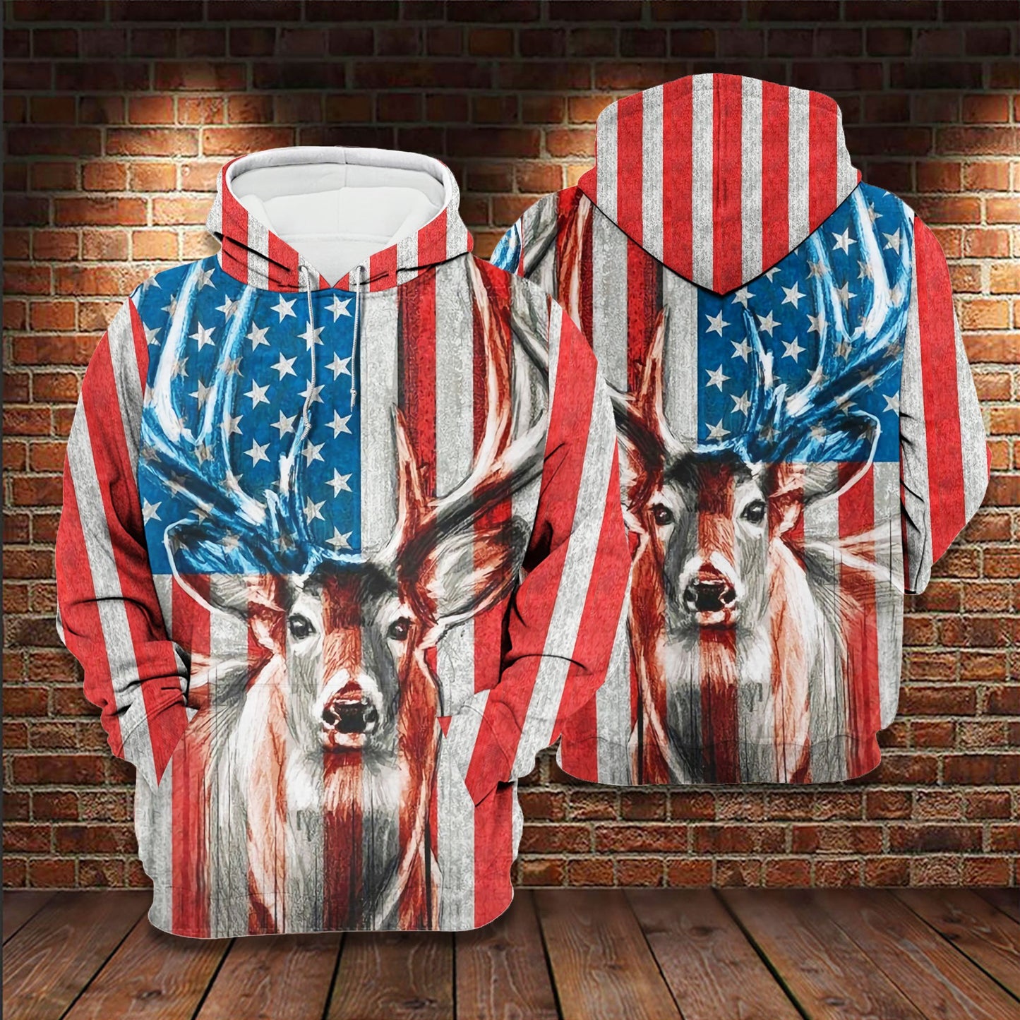 Hunting Gifts Deer Hunting American Flag All Over Printed US Unisex Size Hoodie