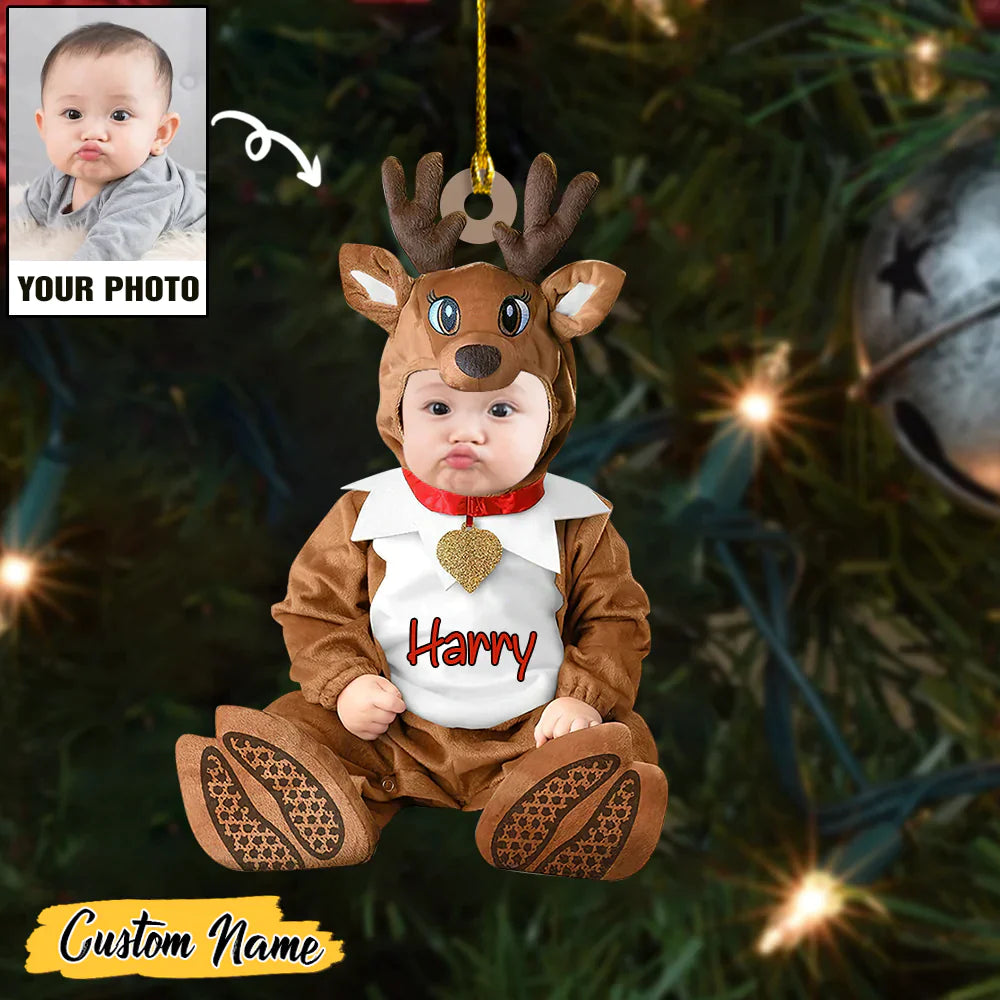 Reindeer Custume Baby Girls And Boy Custom Photo With Name Ornament CTH01
