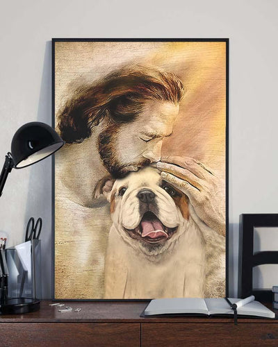 God, Jesus With Lovely English Bulldog Dog Canvas Wall Art | For English Bulldog Dog Lover Canvas | God Kiss Dog Canvas Wall Art, Wall Decor Visual Art