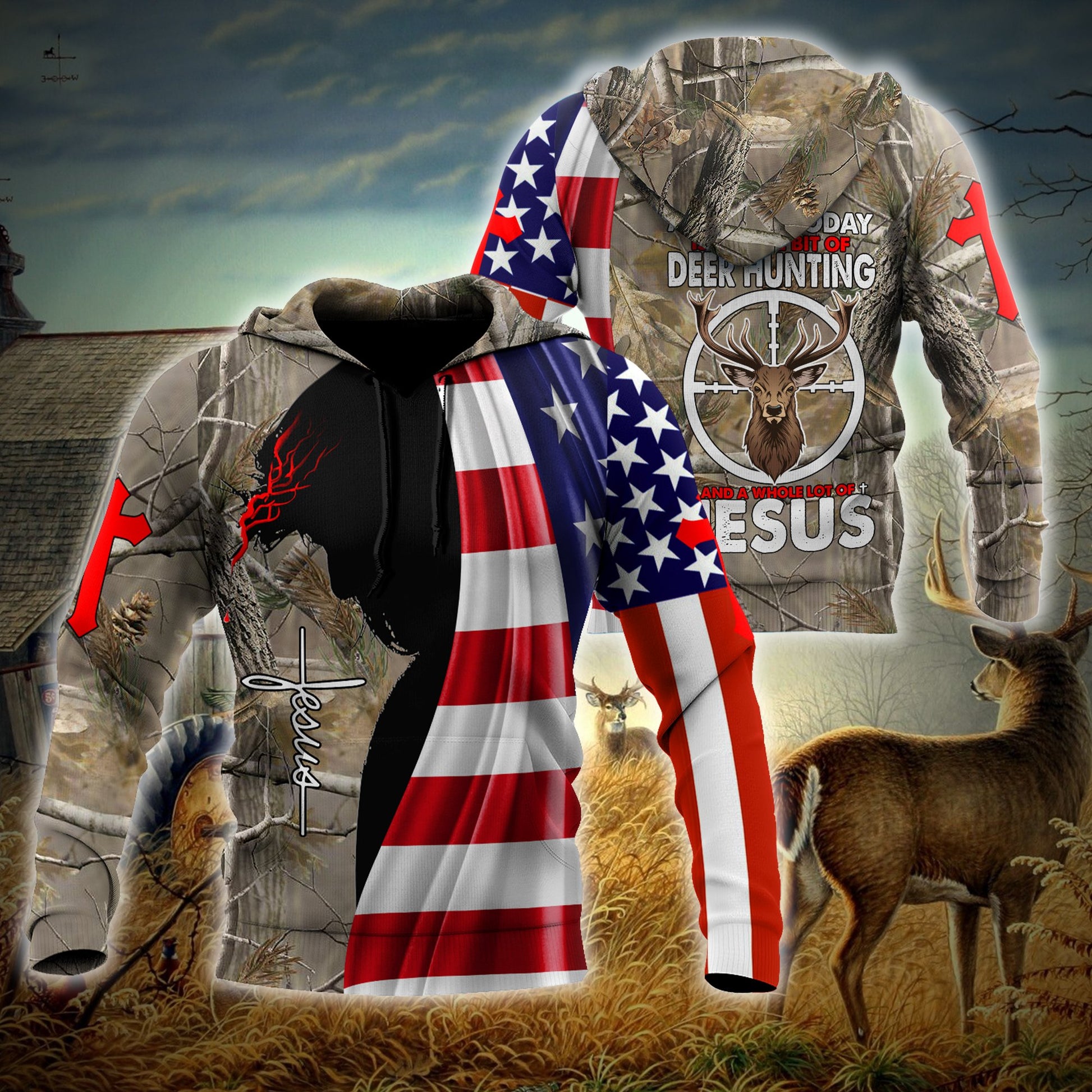 Hunting Gifts Deer Hunting Gifts Deer Hunting Jesus All Over Printed US Unisex Size Hoodie