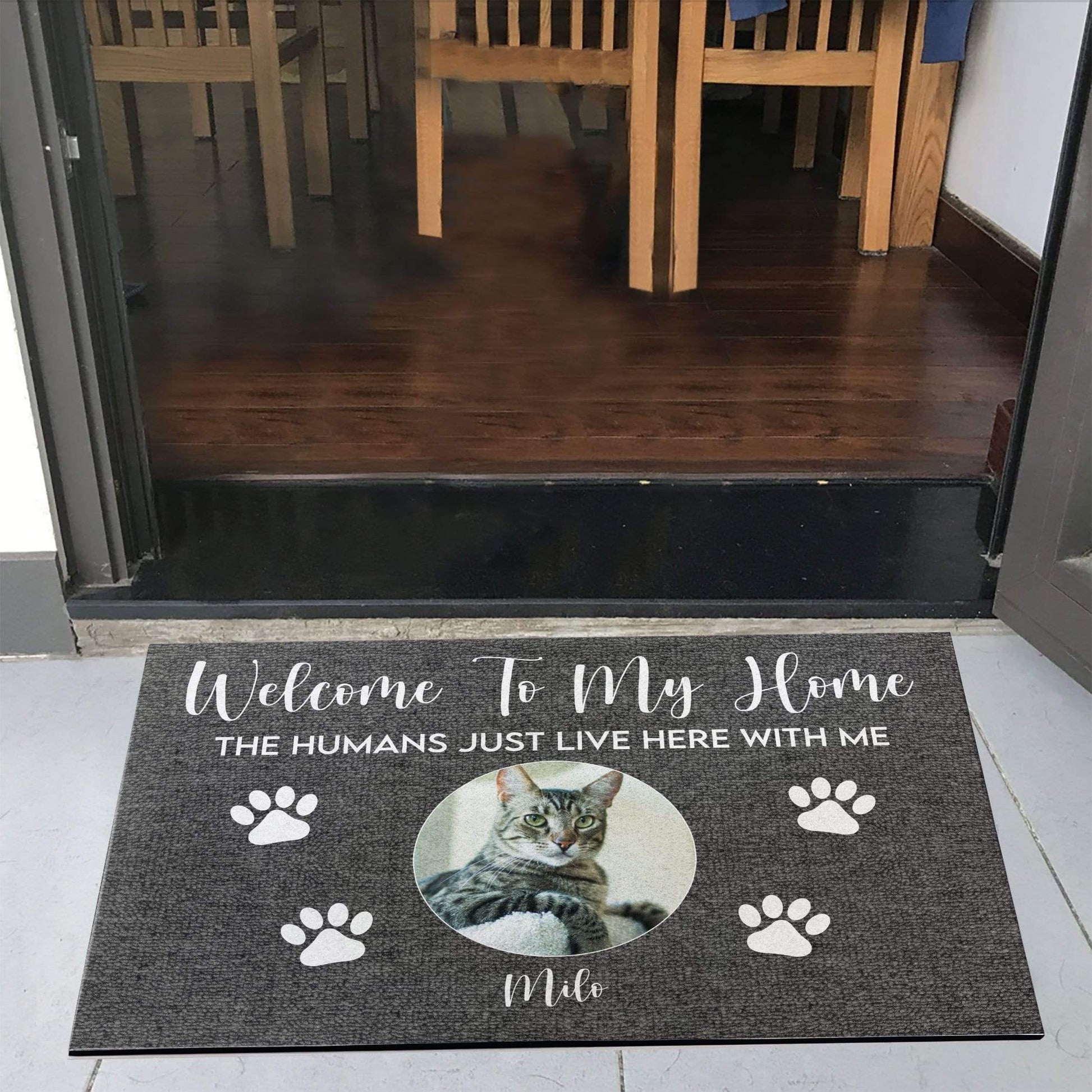 Welcome to My House, The Humans Just Live Here With Us, Photo Custom Doormat, Gift For Cats And Dogs Lovers