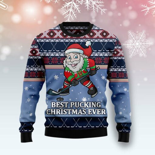 Santa Hockey Best Pucking Christmas Ugly Christmas Sweater 