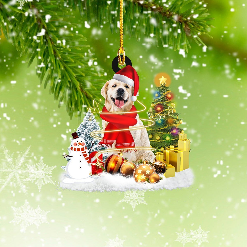 Golden Retriever With Pine Tree and Gift Car Ornament - Gift for Golden Retriever Dog Lover