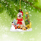 Golden Retriever With Pine Tree and Gift Car Ornament - Gift for Golden Retriever Dog Lover