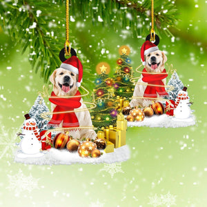 Golden Retriever With Pine Tree and Gift Car Ornament - Gift for Golden Retriever Dog Lover
