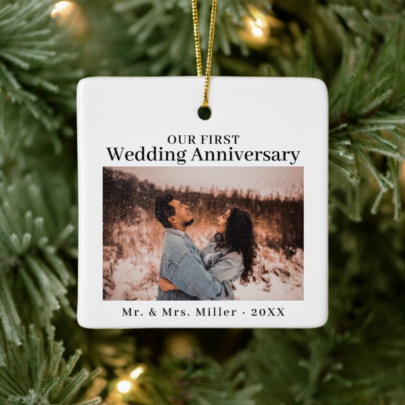 Modern Mr Mrs Photo Wedding Anniversary Christmas Ceramic Ornament