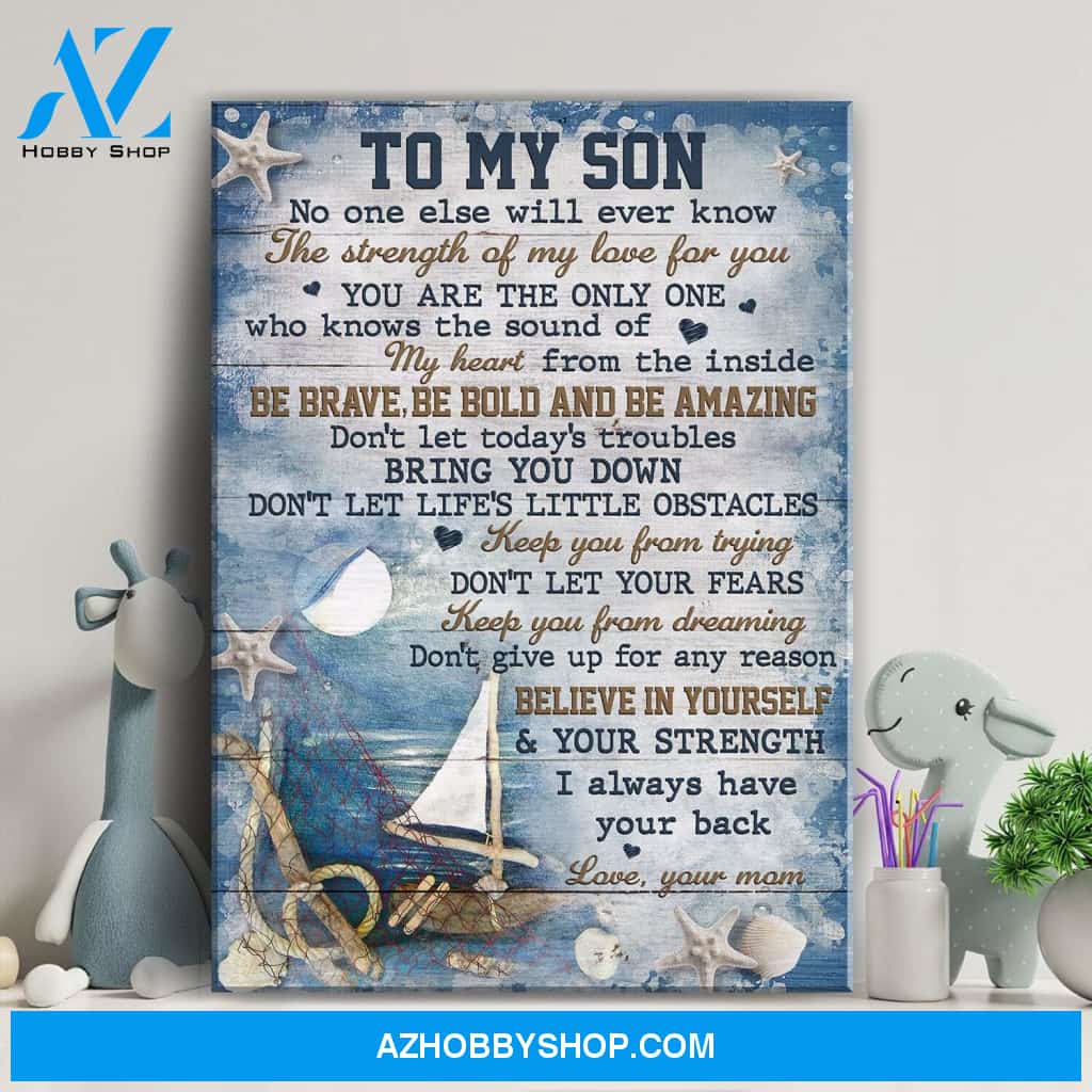 Mom to son - Wooden boat - Be brave, be bold and be amazing - Family Portrait Canvas Prints, Wall Art