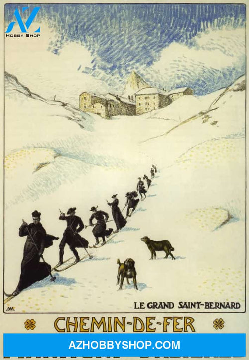 Monks Skiing Great St. Bernard Pass - Vintage Travel Poster