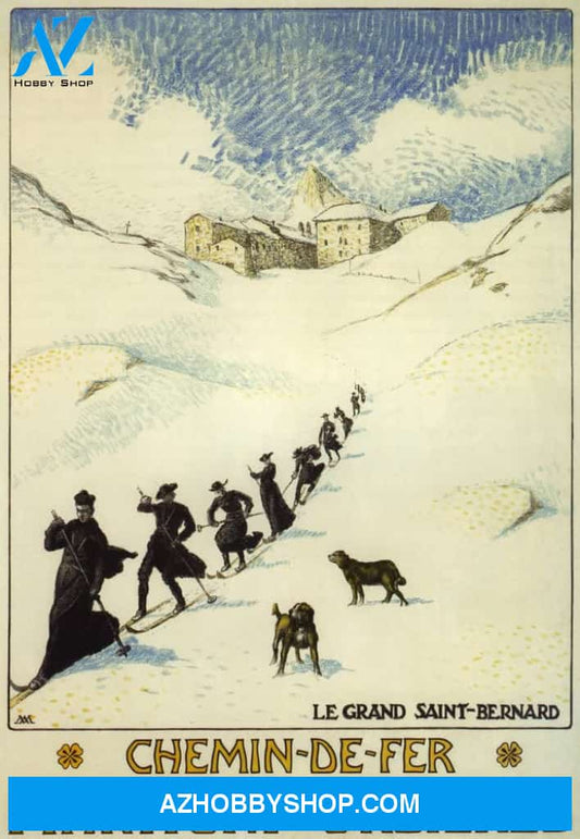 Monks Skiing Great St. Bernard Pass - Vintage Travel Poster