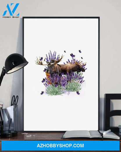 Moose with lavender flower poster