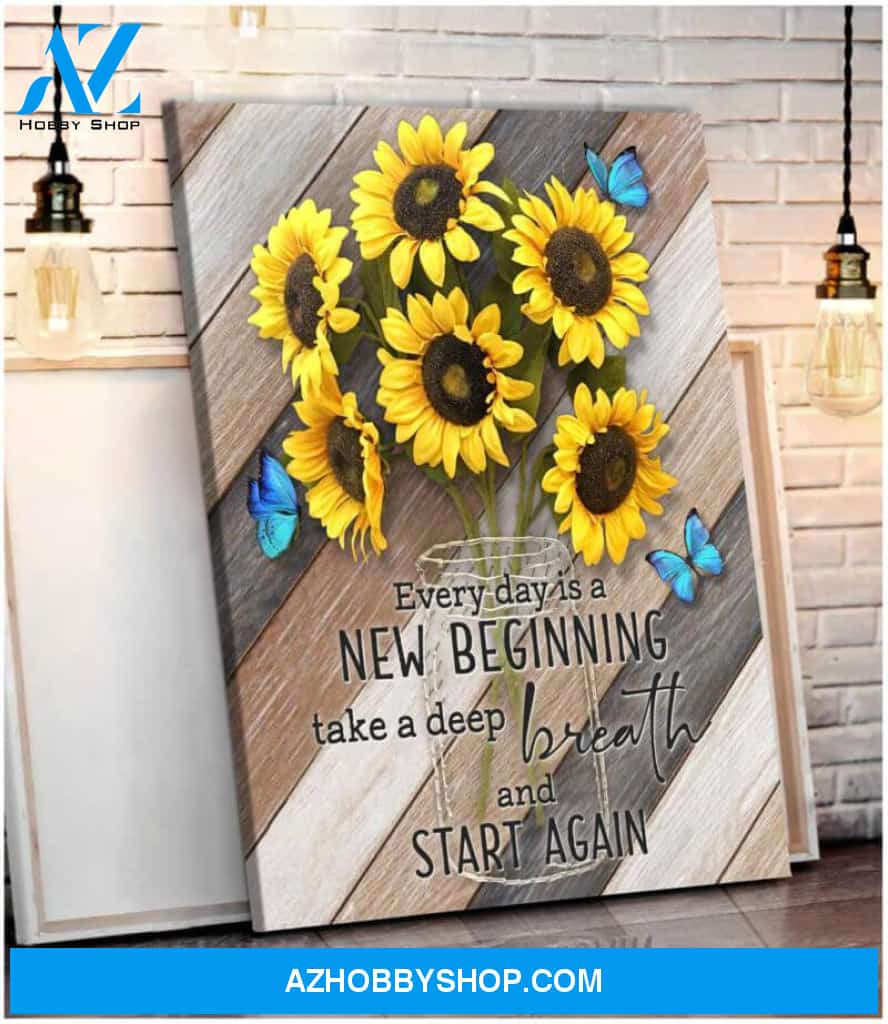 Butterfly Canvas Wall Art - Motivational Quotes Canvas - Every Day Is A New Beginning Sunflower And Butterfly Canvas Wall Art Decor