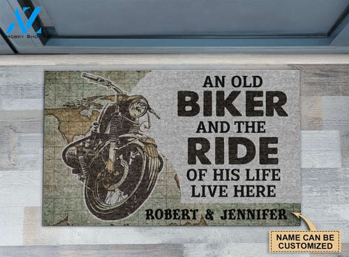 Motorcycling Map An Old Biker And The Ride Live Here Custom Doormat | Welcome Mat | House Warming Gift