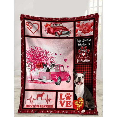 My Boston Terrirer Is My Valentine Dog Pink Truck Blanket Fleece Blanket Home Decor Bedding Couch Sofa Soft And Comfy Cozy