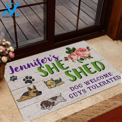 My She Shed Dogs Welcome Guys Tolerated Dog Lovers Personalized Doormat | Welcome Mat | House Warming Gift