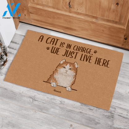 Naive Cat The Cats Are In Charge We Just Live Here Custom Name Pet Printed Doormat Home Decor