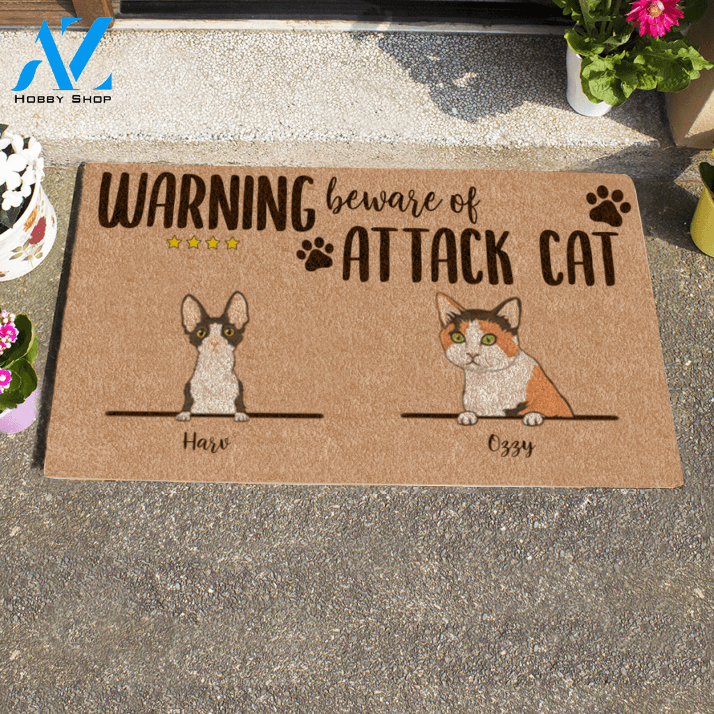 Naive Cat, Warning Beware Of Attack Cat Personalized Doormat HQ