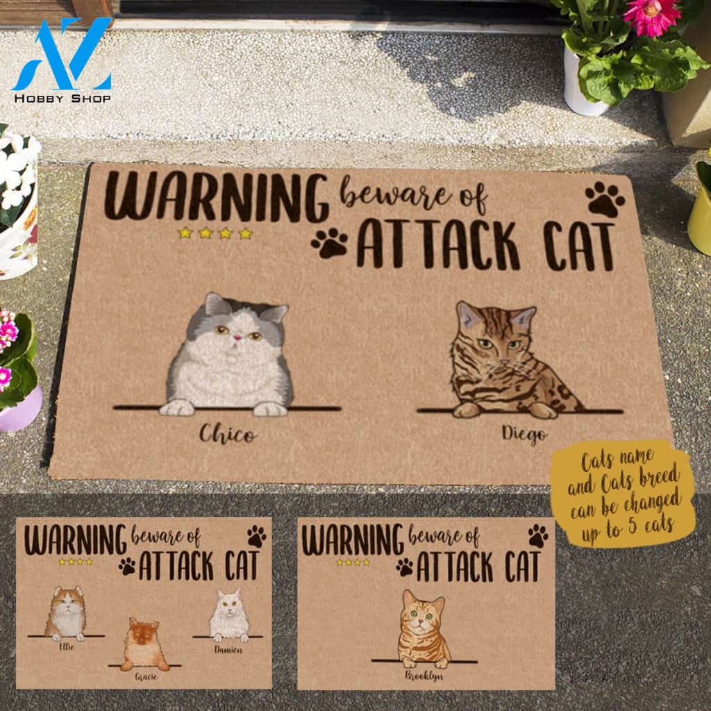 Naive Cat, Warning Beware Of Attack Cat Personalized Doormat HQ