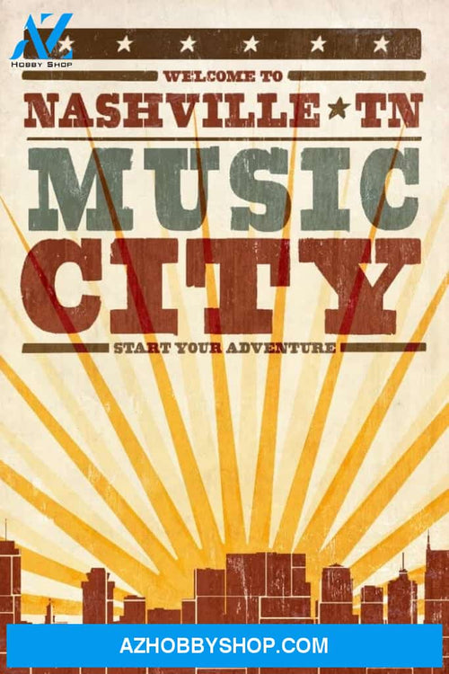 Nashville Tennessee Skyline And Sunburst Screenprint Style
