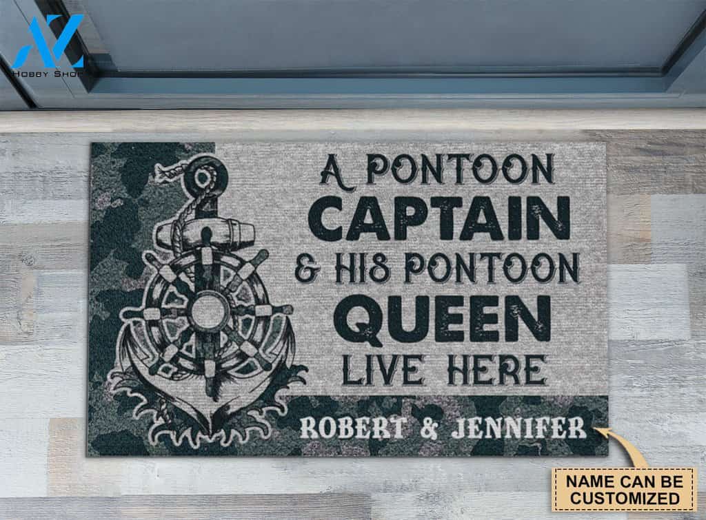 Navy Pontoon Captain And Pontoon Queen Live Here Custom Doormat | Welcome Mat | House Warming Gift
