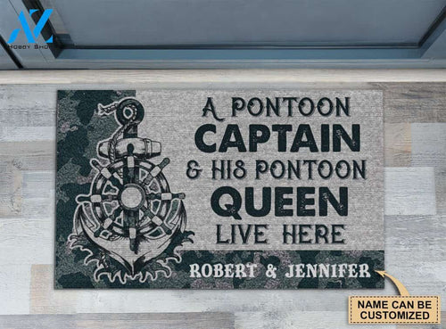 Navy Pontoon Captain And Pontoon Queen Live Here Custom Doormat | Welcome Mat | House Warming Gift